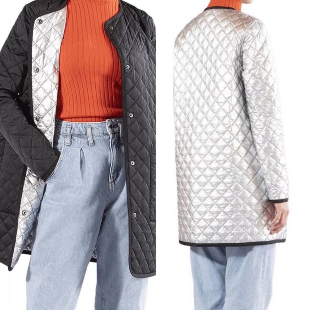 Jane Post $350 Reversible Quilted Coat Silver Black Snap Front Women’s M NEW